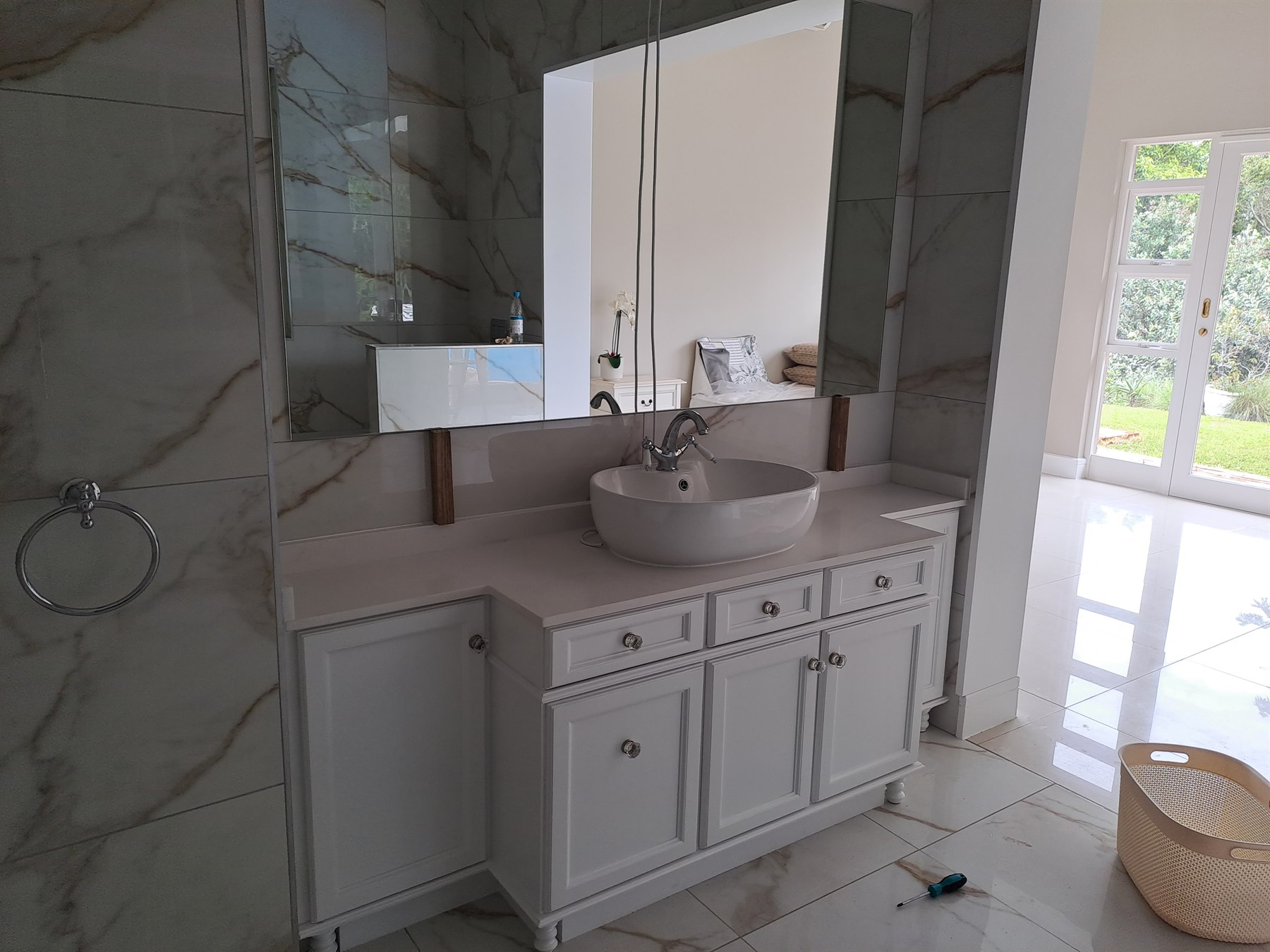View this project in the gallery Custom white double bathroom vanity